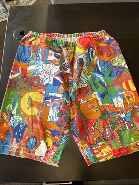 Vintage campus shorts, bright, Tropical Print Elastic Waist EUC large